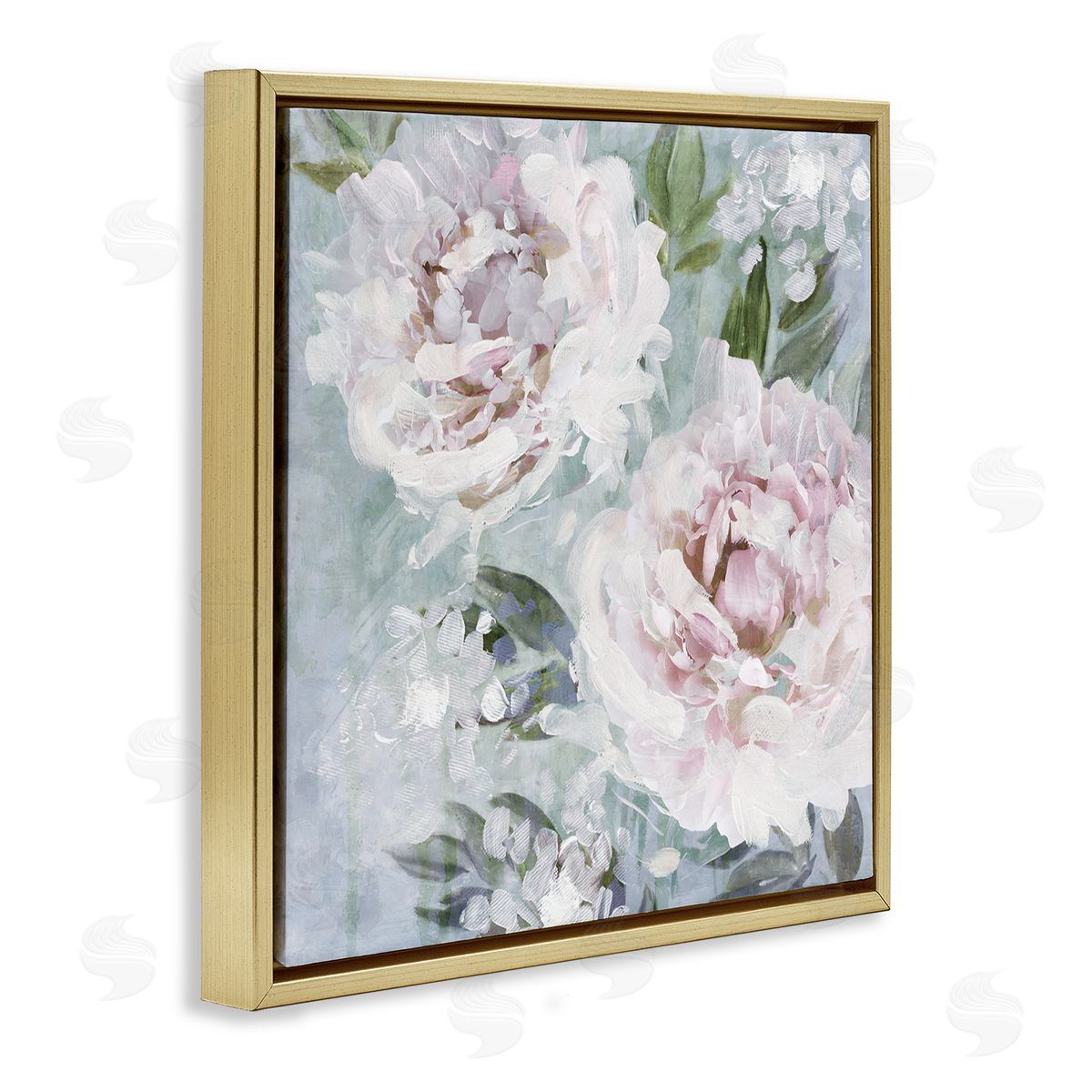 Nina Blue Delicate Pink Flowers Close Up Gold Floating Frame Canvas Wall Art Print