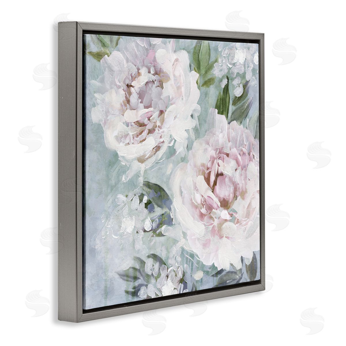 Nina Blue Delicate Pink Flowers Close Up Gray Floating Frame Canvas Wall Art Print