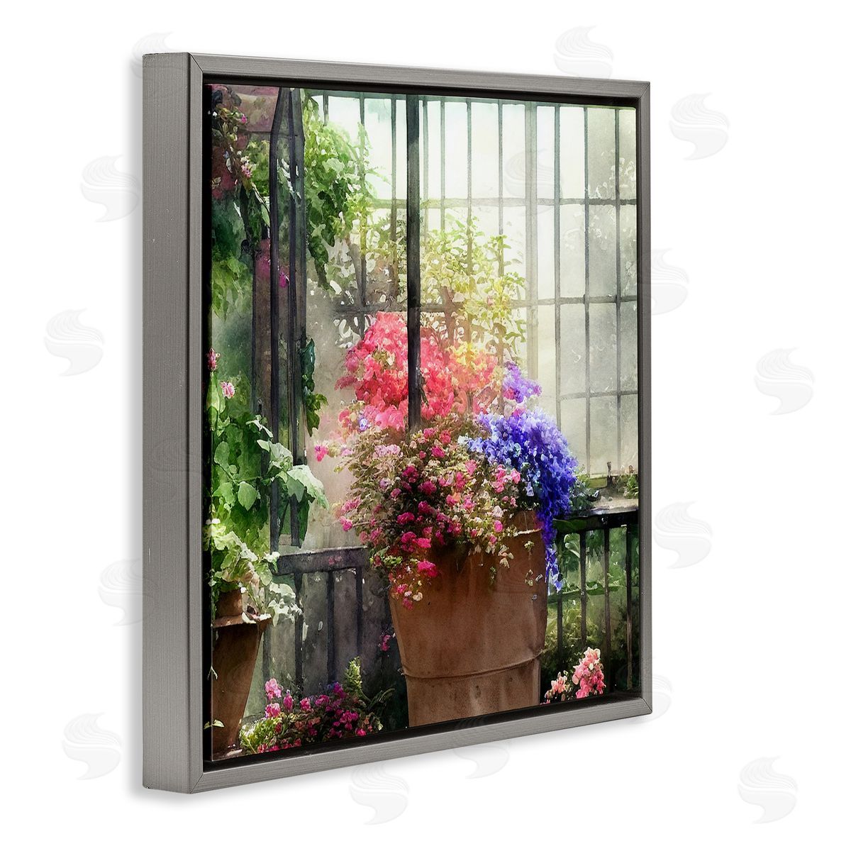 Alpenglow Workshop Sunlit Potted Plants Greenhouse Gray Floating Frame Canvas Wall Art Print