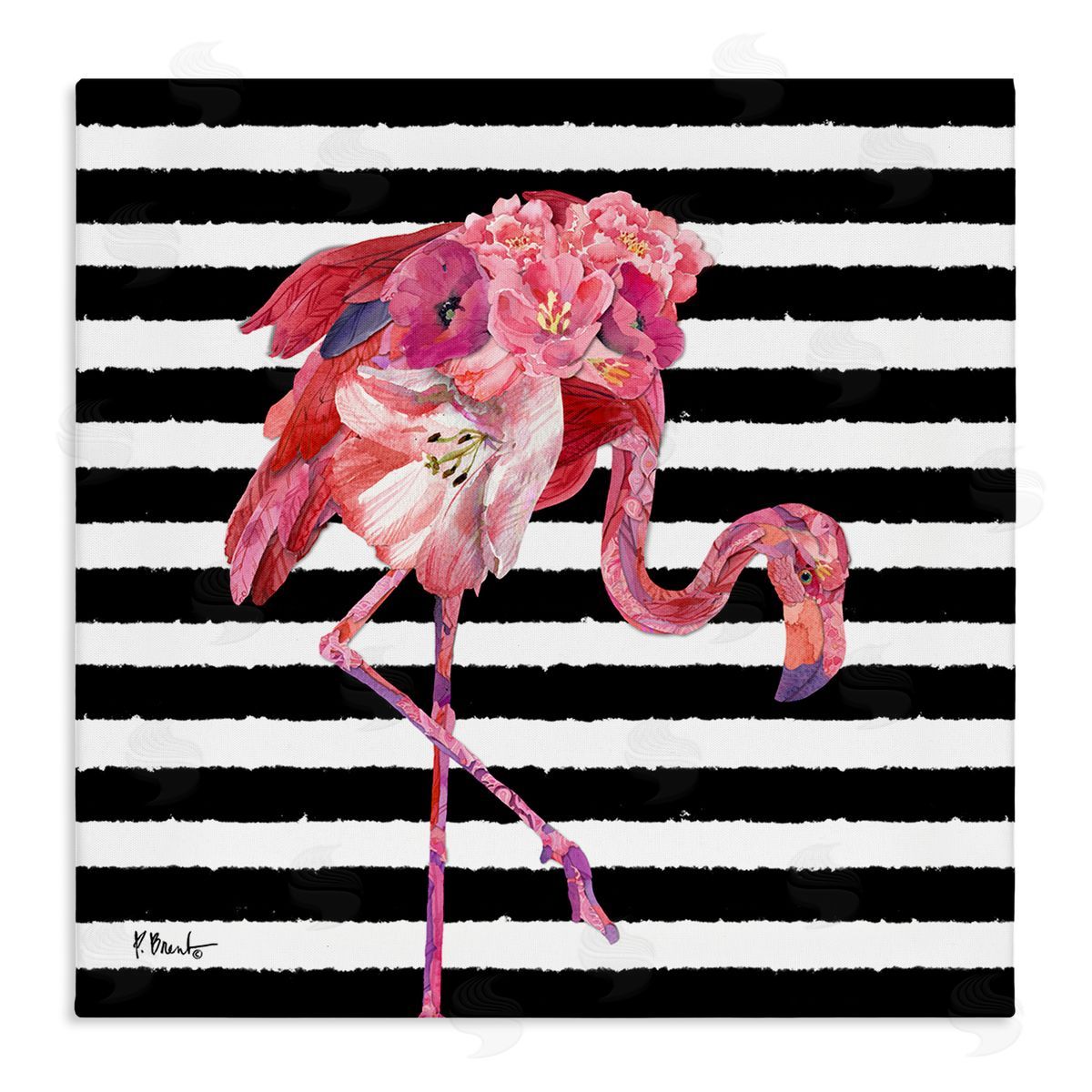 Paul Brent Floral Stripes Flamingo Bird Stretched Canvas Wall Art Print