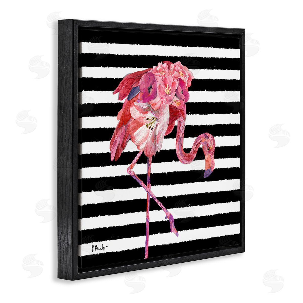 Paul Brent Floral Stripes Flamingo Bird Black Floating Frame Canvas Wall Art Print