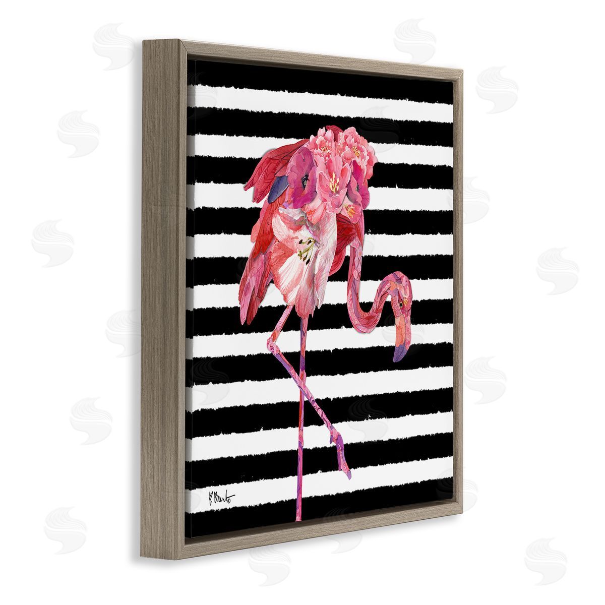 Paul Brent Floral Stripes Flamingo Bird Brown Floating Frame Canvas Wall Art Print