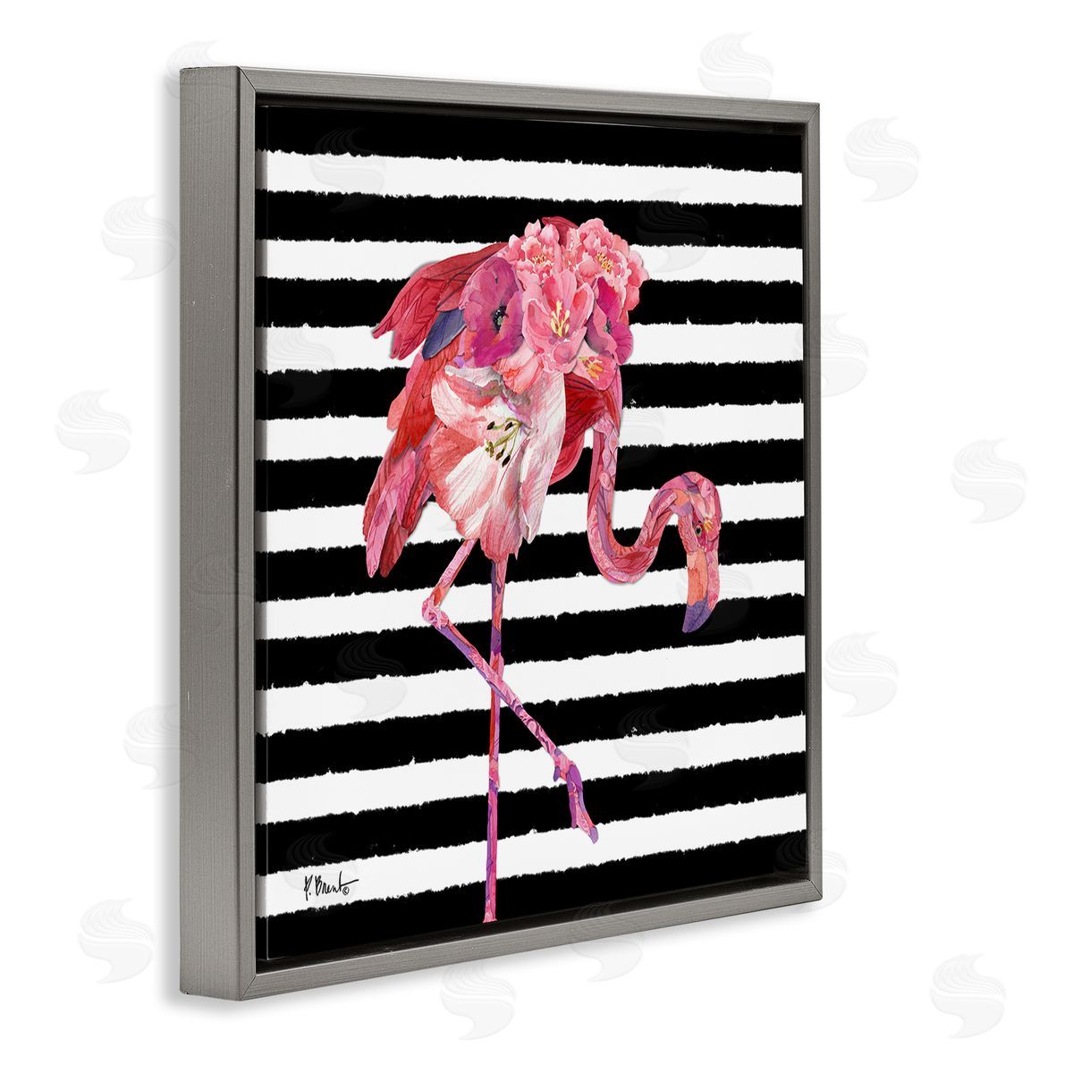 Paul Brent Floral Stripes Flamingo Bird Gray Floating Frame Canvas Wall Art Print