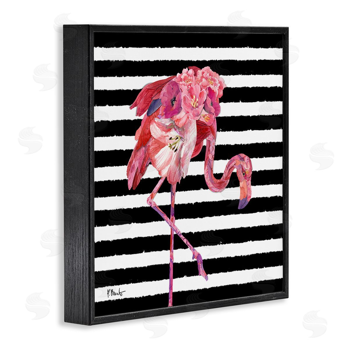 Paul Brent Floral Stripes Flamingo Bird Black Framed Glicee Wall Art Print