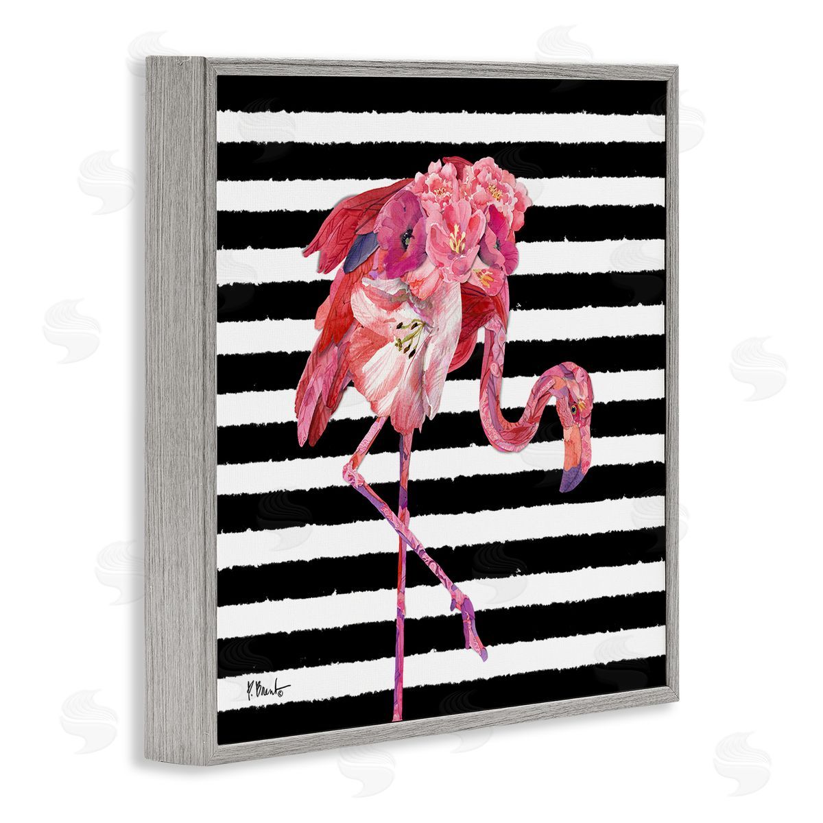 Paul Brent Floral Stripes Flamingo Bird Gray Framed Glicee Wall Art Print