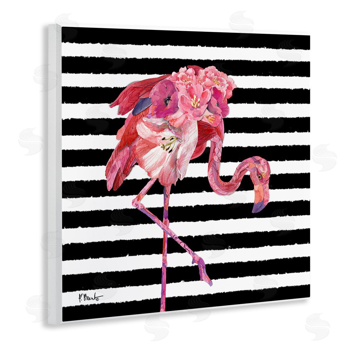 Paul Brent Floral Stripes Flamingo Bird Wooden Wall Plaque Art Print