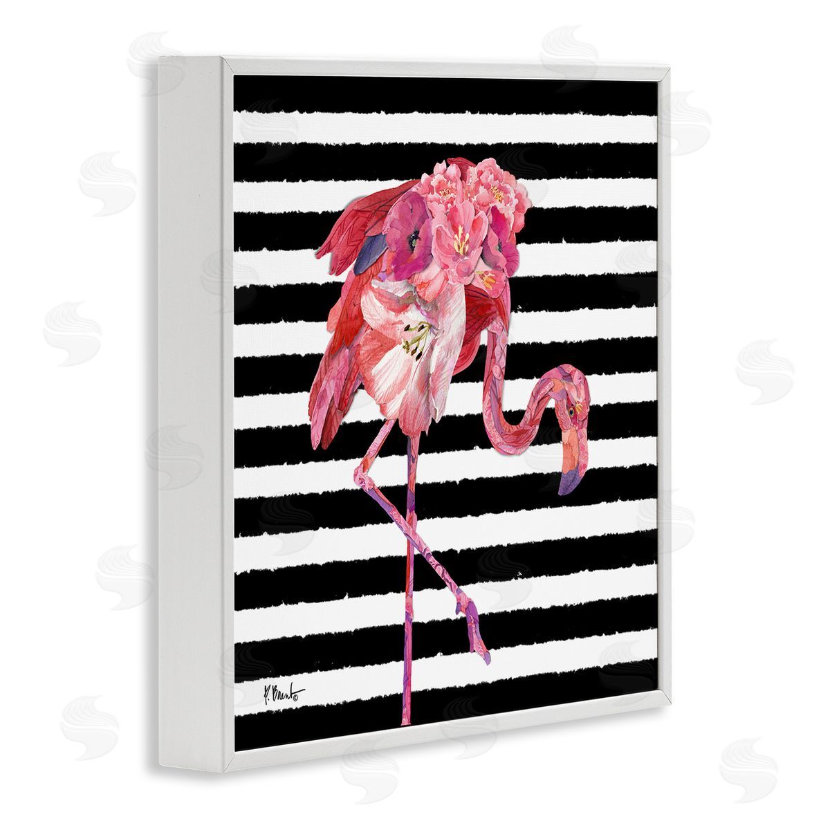 Paul Brent Floral Stripes Flamingo Bird White Framed Glicee Wall Art Print
