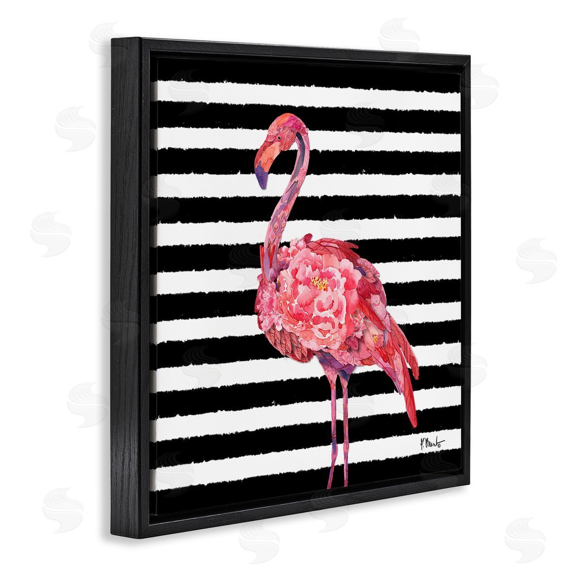 Paul Brent Blossoming Pink Flamingo Stripes Black Floating Frame Canvas Wall Art Print
