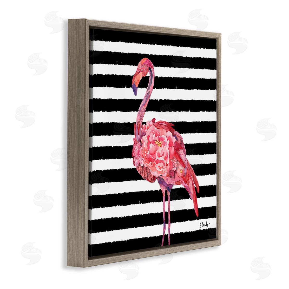 Paul Brent Blossoming Pink Flamingo Stripes Brown Floating Frame Canvas Wall Art Print