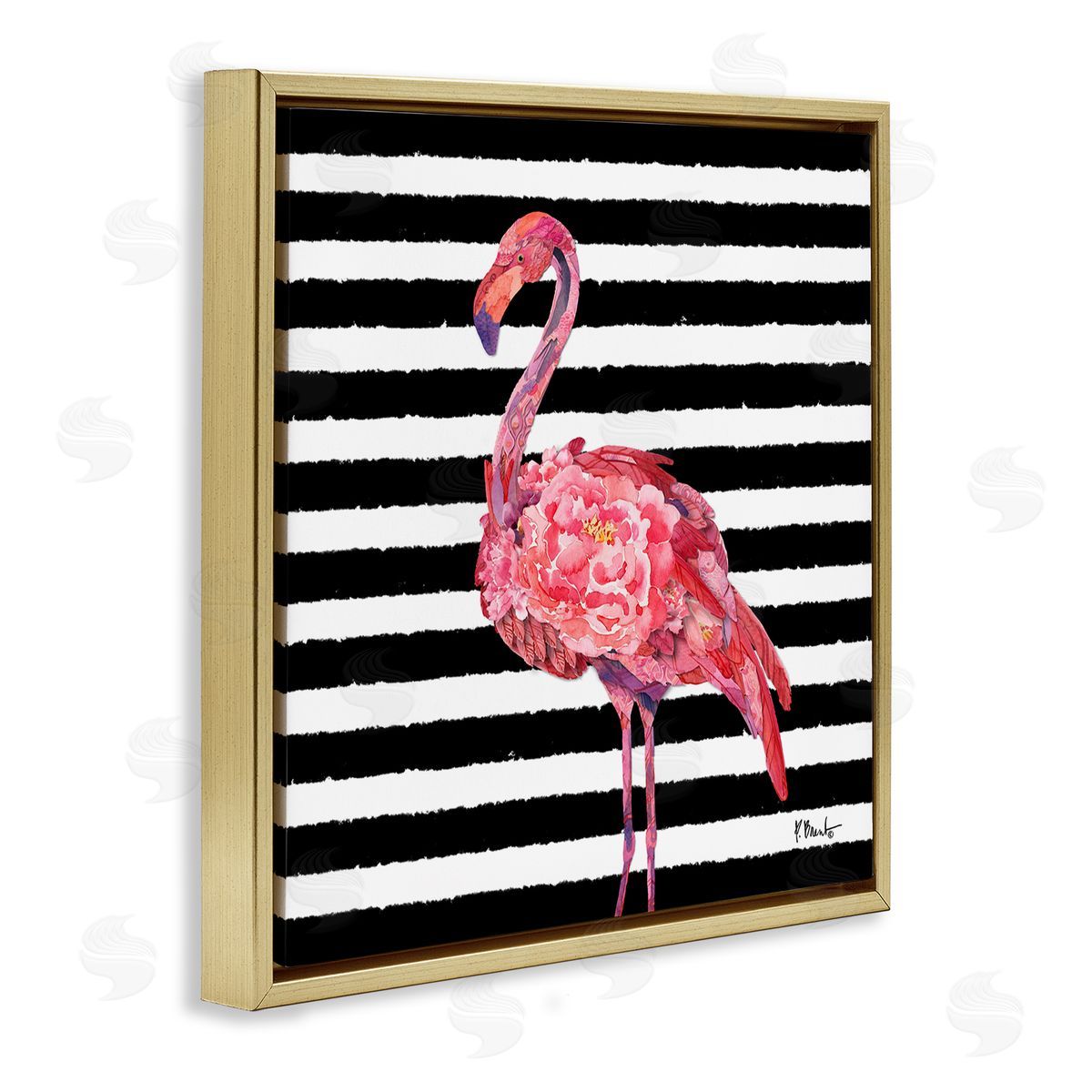 Paul Brent Blossoming Pink Flamingo Stripes Gold Floating Frame Canvas Wall Art Print