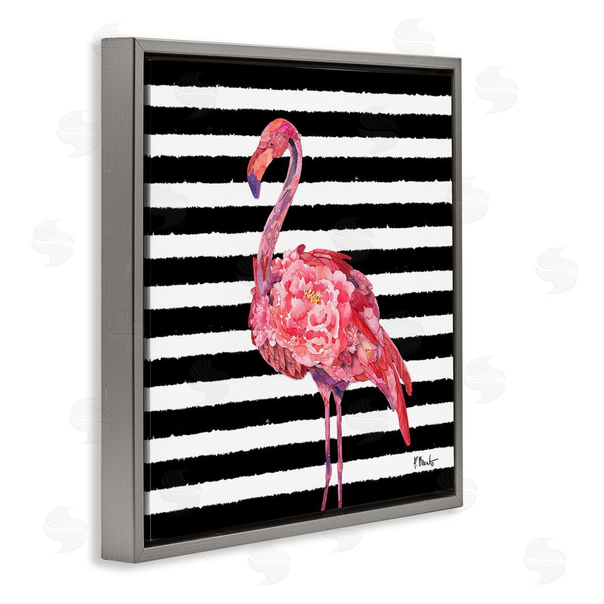 Paul Brent Blossoming Pink Flamingo Stripes Gray Floating Frame Canvas Wall Art Print