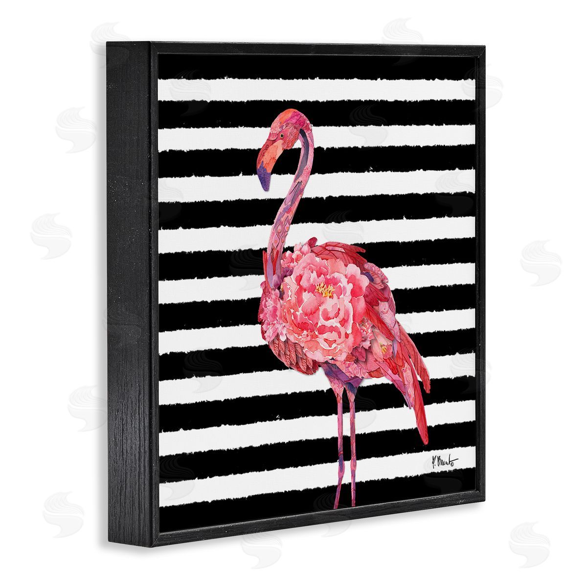 Paul Brent Blossoming Pink Flamingo Stripes Black Framed Glicee Wall Art Print