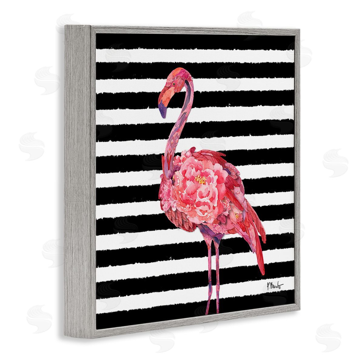 Paul Brent Blossoming Pink Flamingo Stripes Gray Framed Glicee Wall Art Print