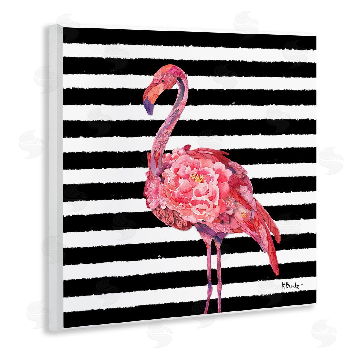 Paul Brent Blossoming Pink Flamingo Stripes Wooden Wall Plaque Art Print