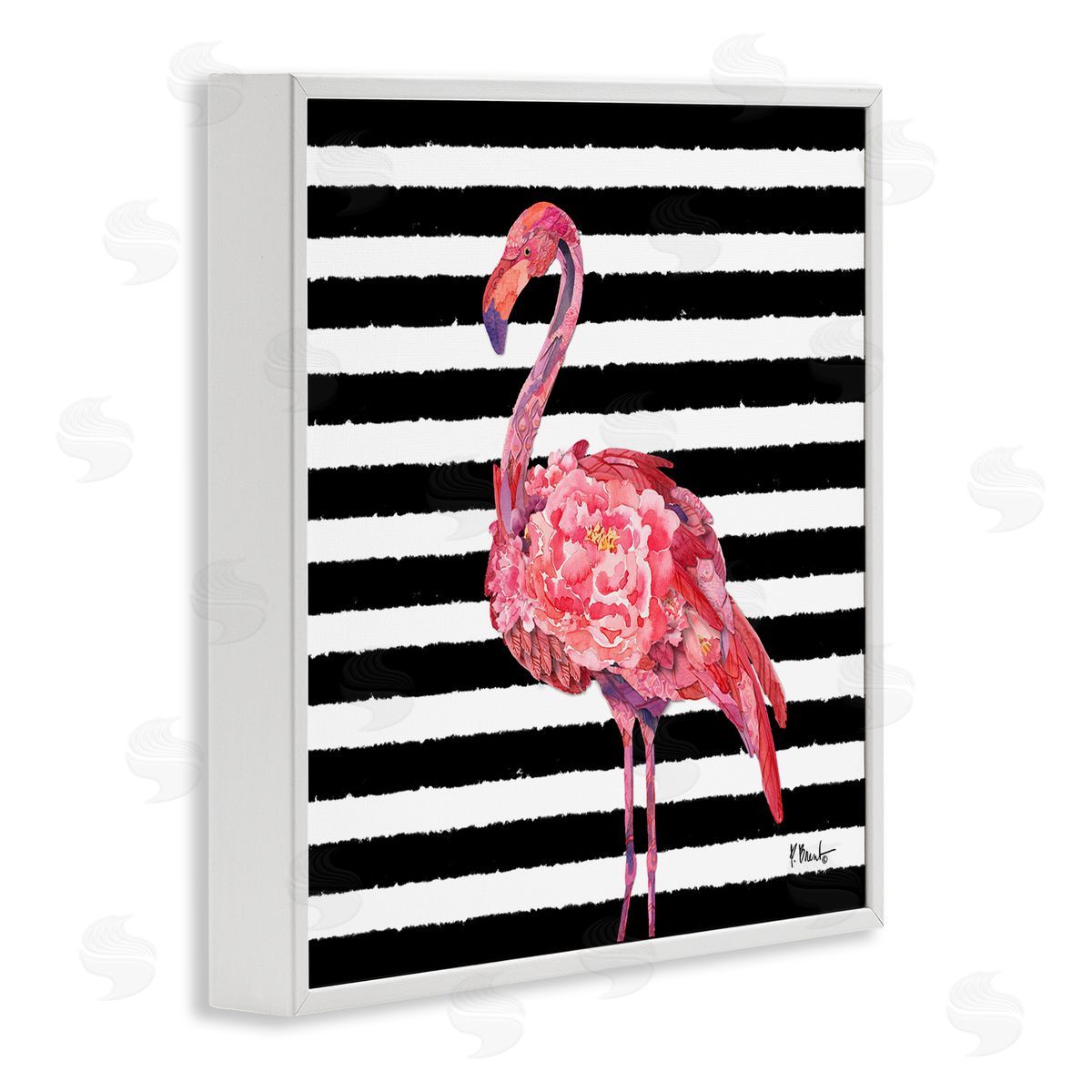 Paul Brent Blossoming Pink Flamingo Stripes White Framed Glicee Wall Art Print