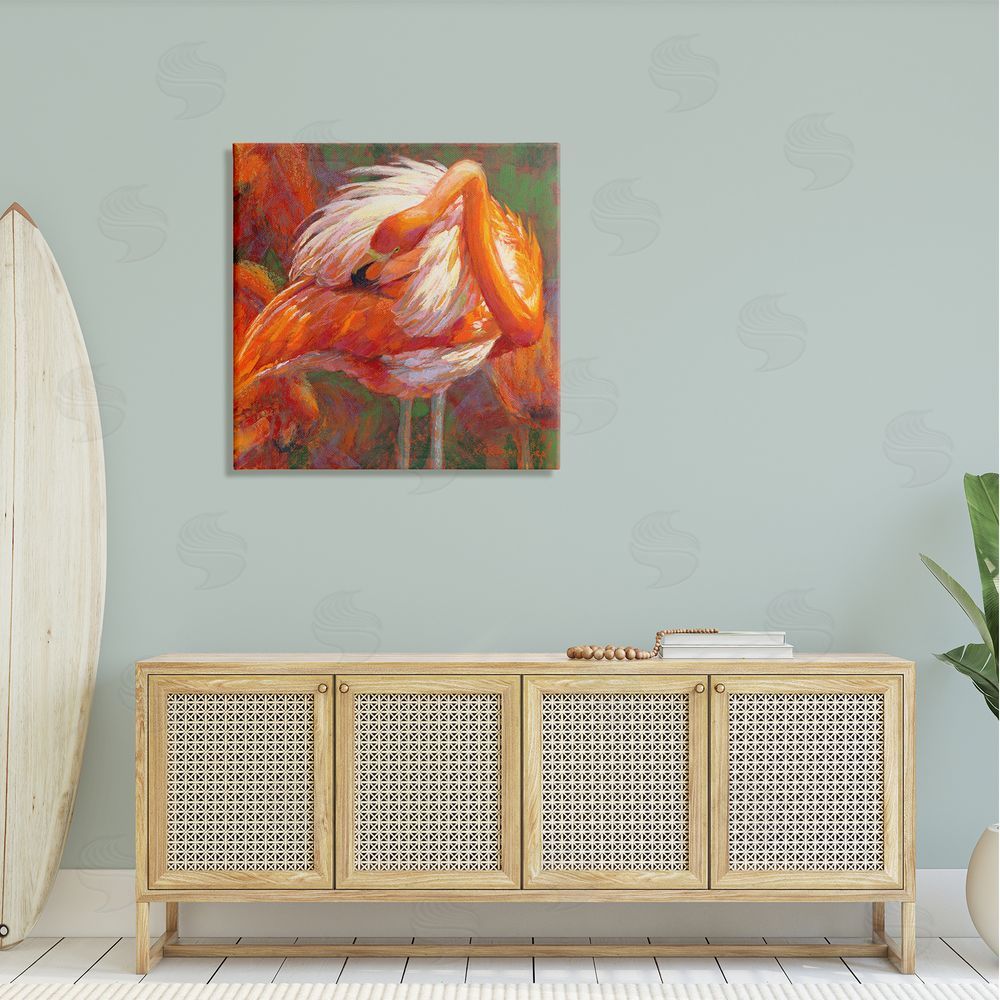 Rita Kirkman Preening Flamingo Wildlife Nature Canvas Wall Art in Room