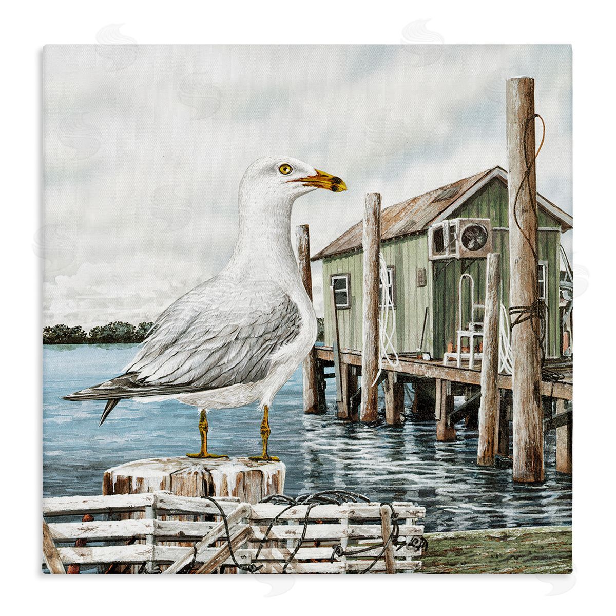 James Harris Coastal Seagull Perched Dock Marina  Stretched Canvas Wall Art Print