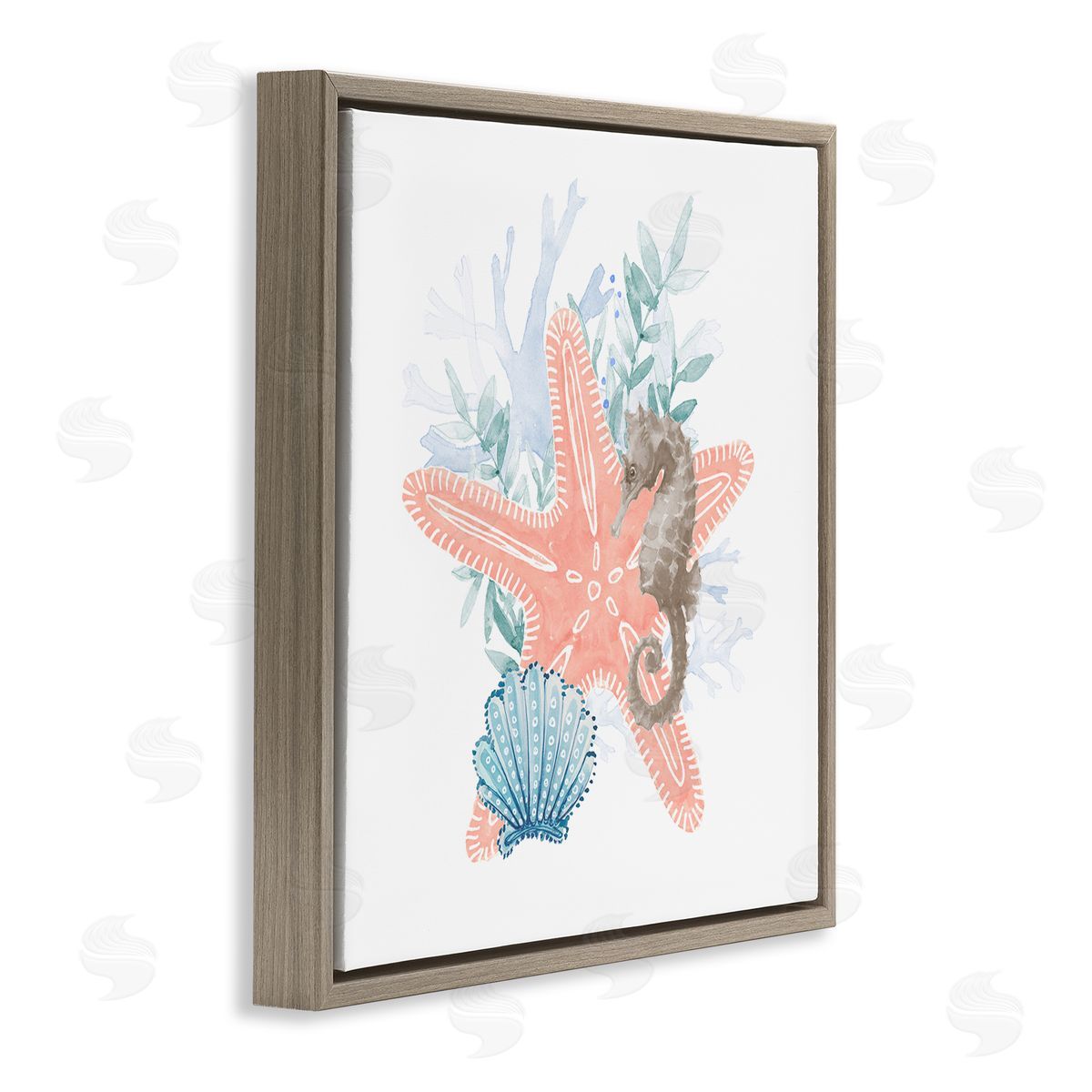 Lanie Loreth Seahorse Starfish Layered Coral  Brown Floating Frame Canvas Wall Art Print