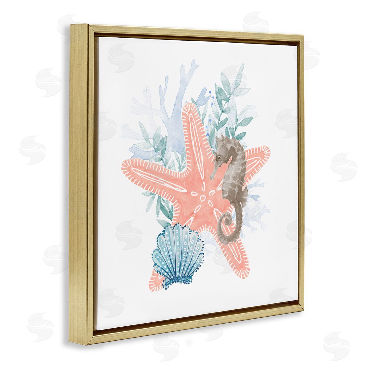 Lanie Loreth Seahorse Starfish Layered Coral  Gold Floating Frame Canvas Wall Art Print