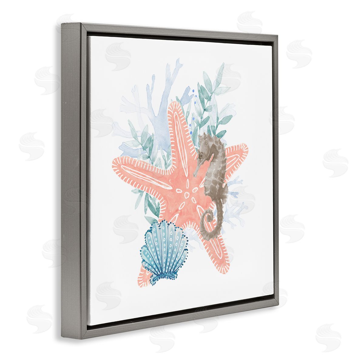 Lanie Loreth Seahorse Starfish Layered Coral  Gray Floating Frame Canvas Wall Art Print