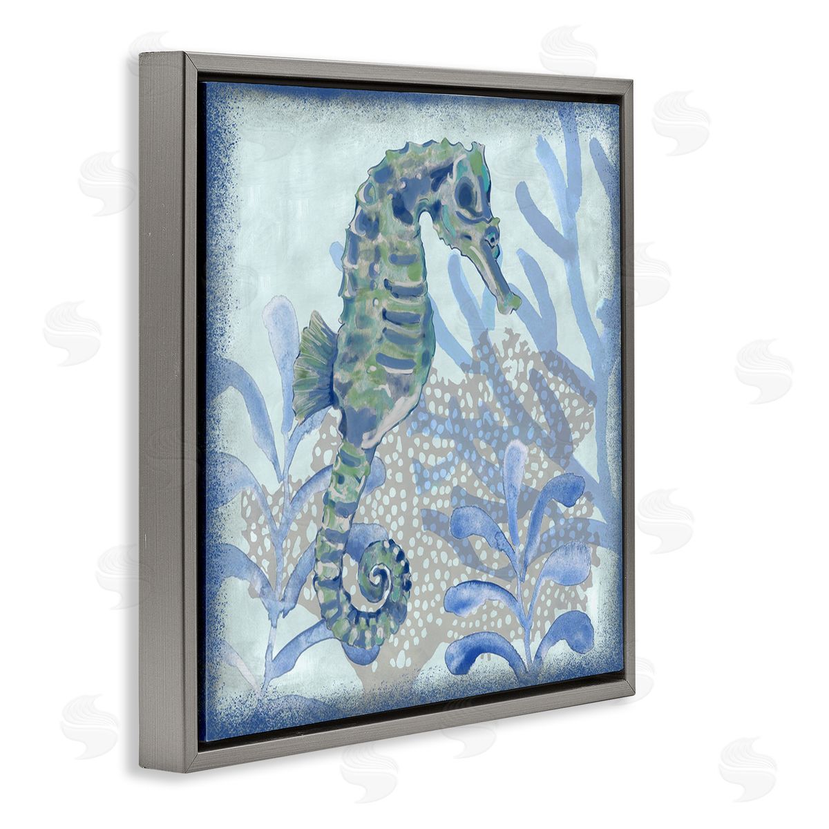 Erica Christopher Seahorse Underwater Coral Botanicals Gray Floating Frame Canvas Wall Art Print