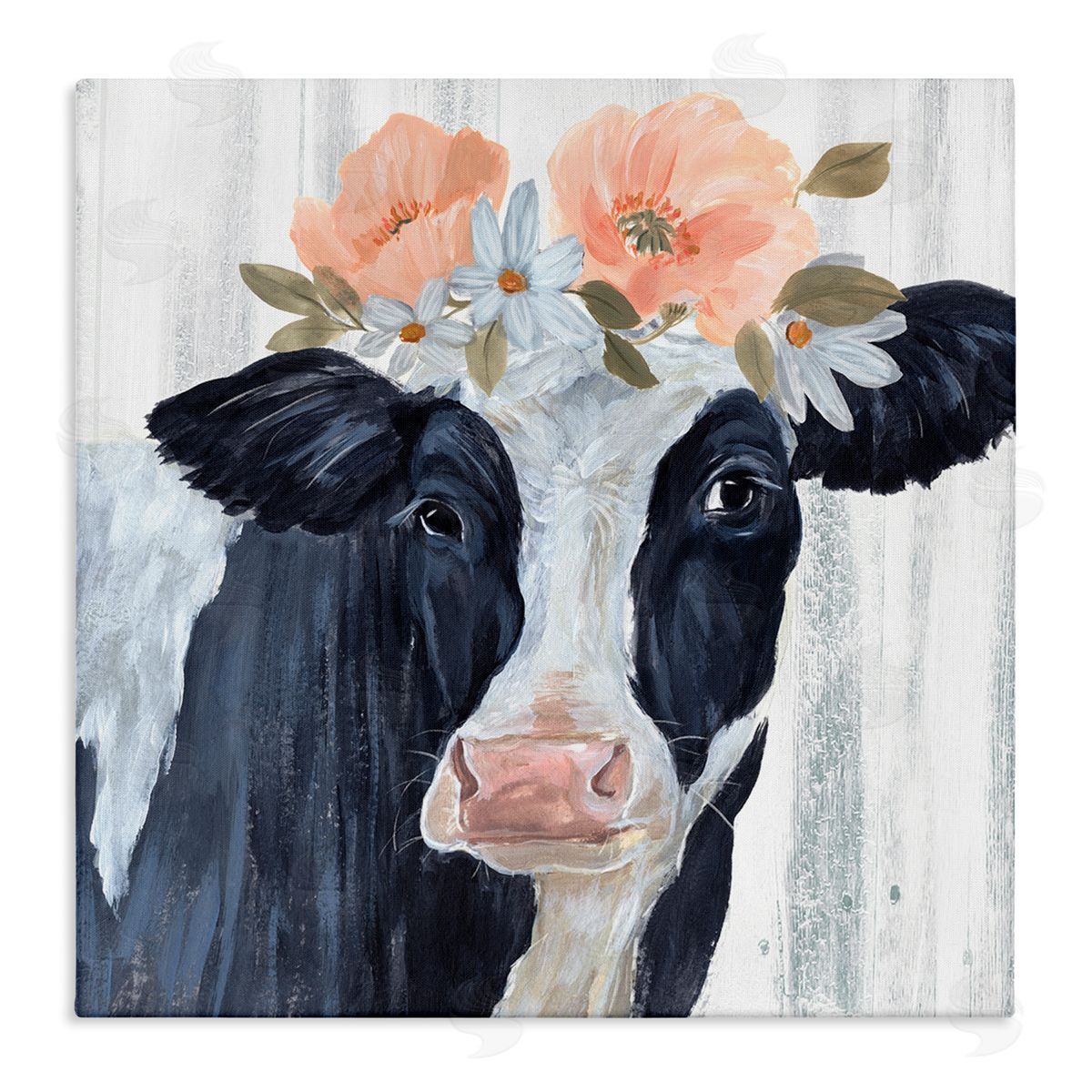 Annie Warren Farm Cow Floral Daisy Blooms Stretched Canvas Wall Art Print