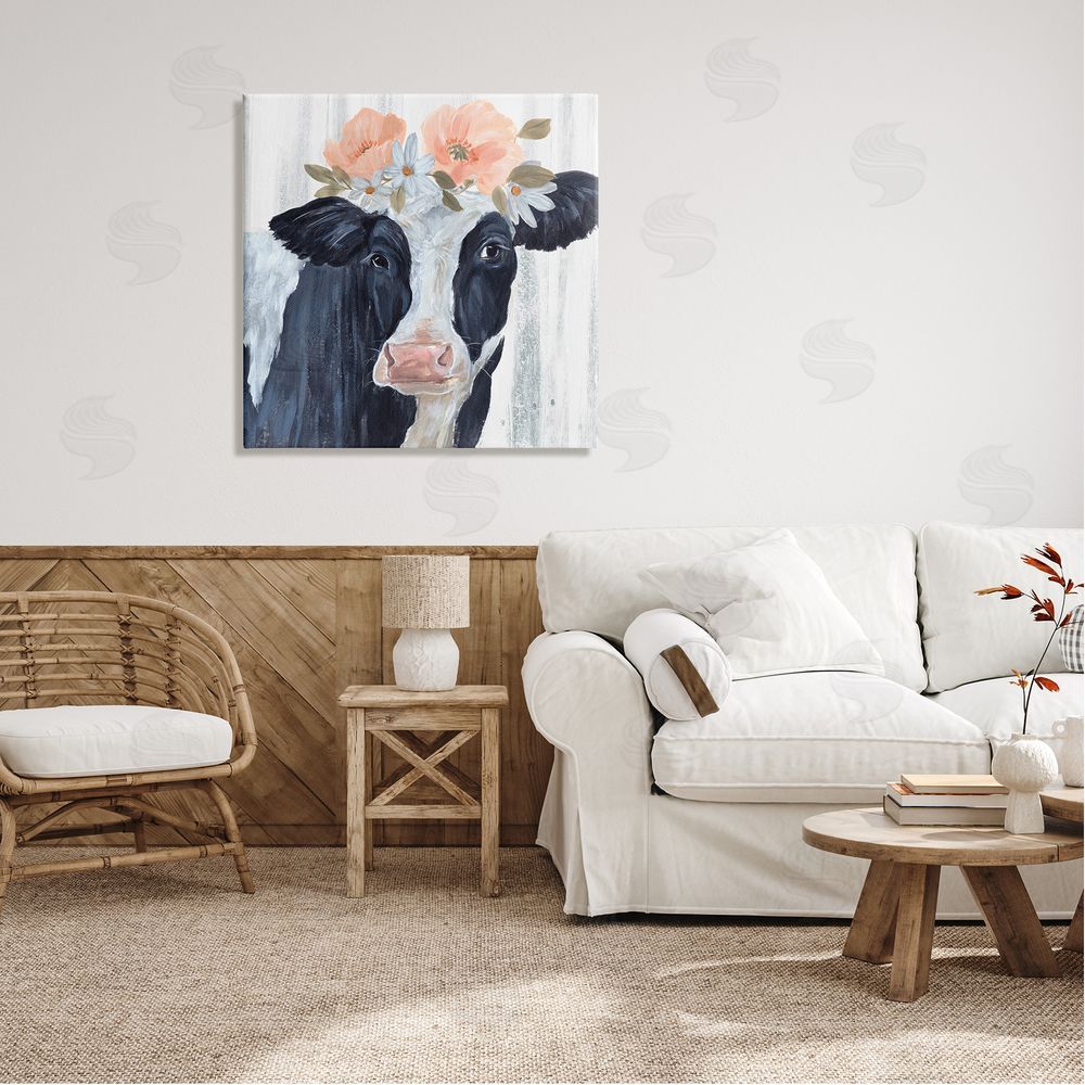 Annie Warren Farm Cow Floral Daisy Blooms Canvas Wall Art in Room