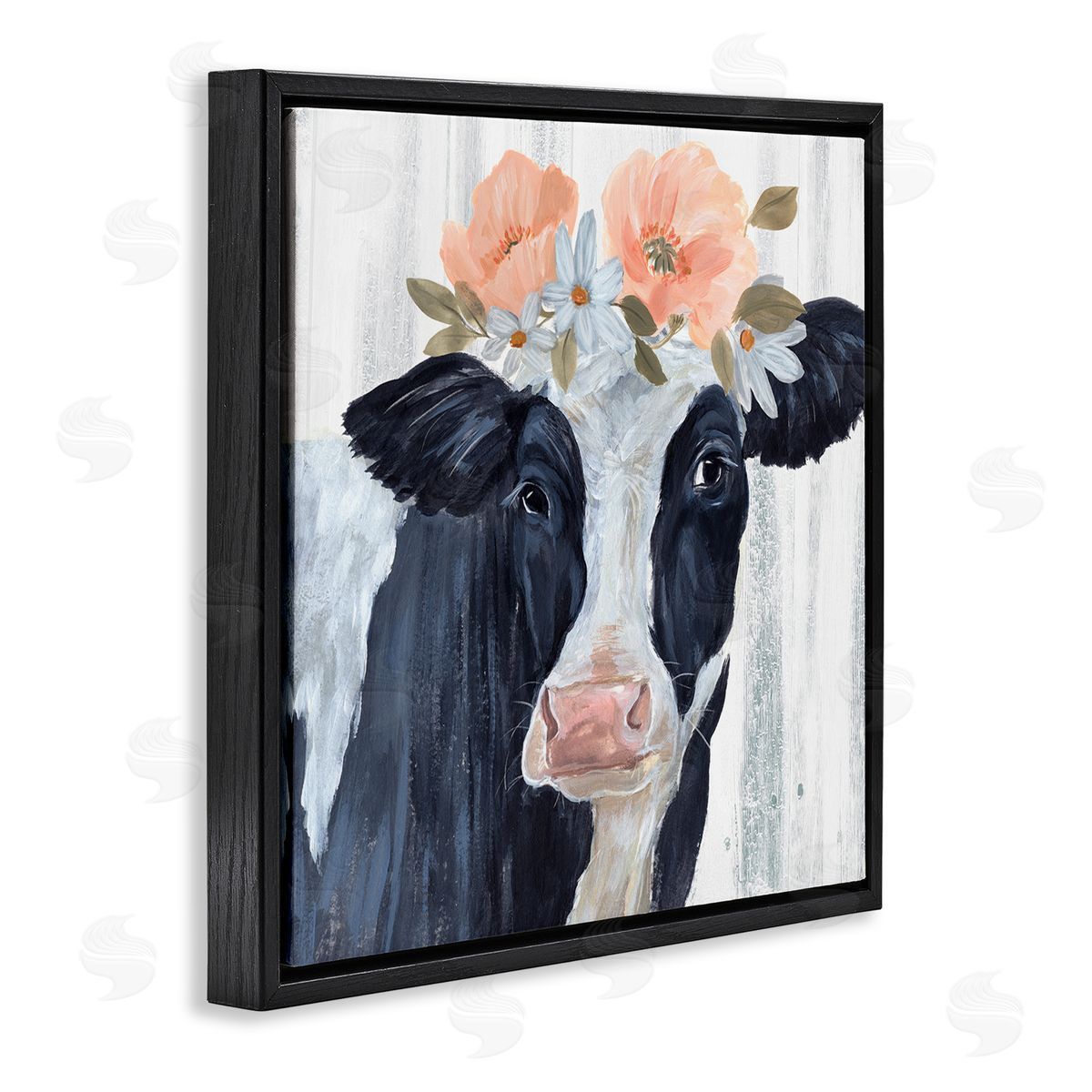 Annie Warren Farm Cow Floral Daisy Blooms Black Floating Frame Canvas Wall Art Print