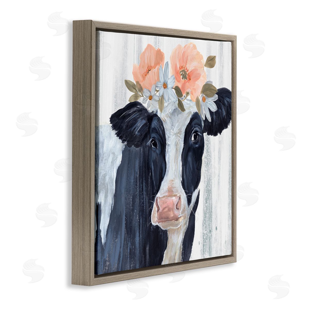 Annie Warren Farm Cow Floral Daisy Blooms Brown Floating Frame Canvas Wall Art Print