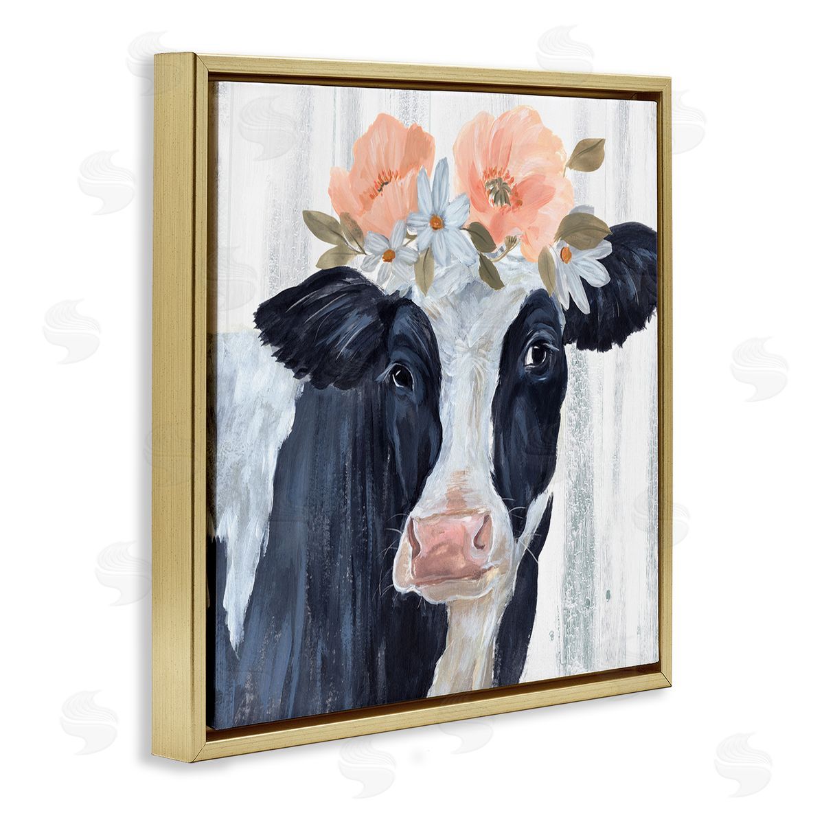 Annie Warren Farm Cow Floral Daisy Blooms Gold Floating Frame Canvas Wall Art Print
