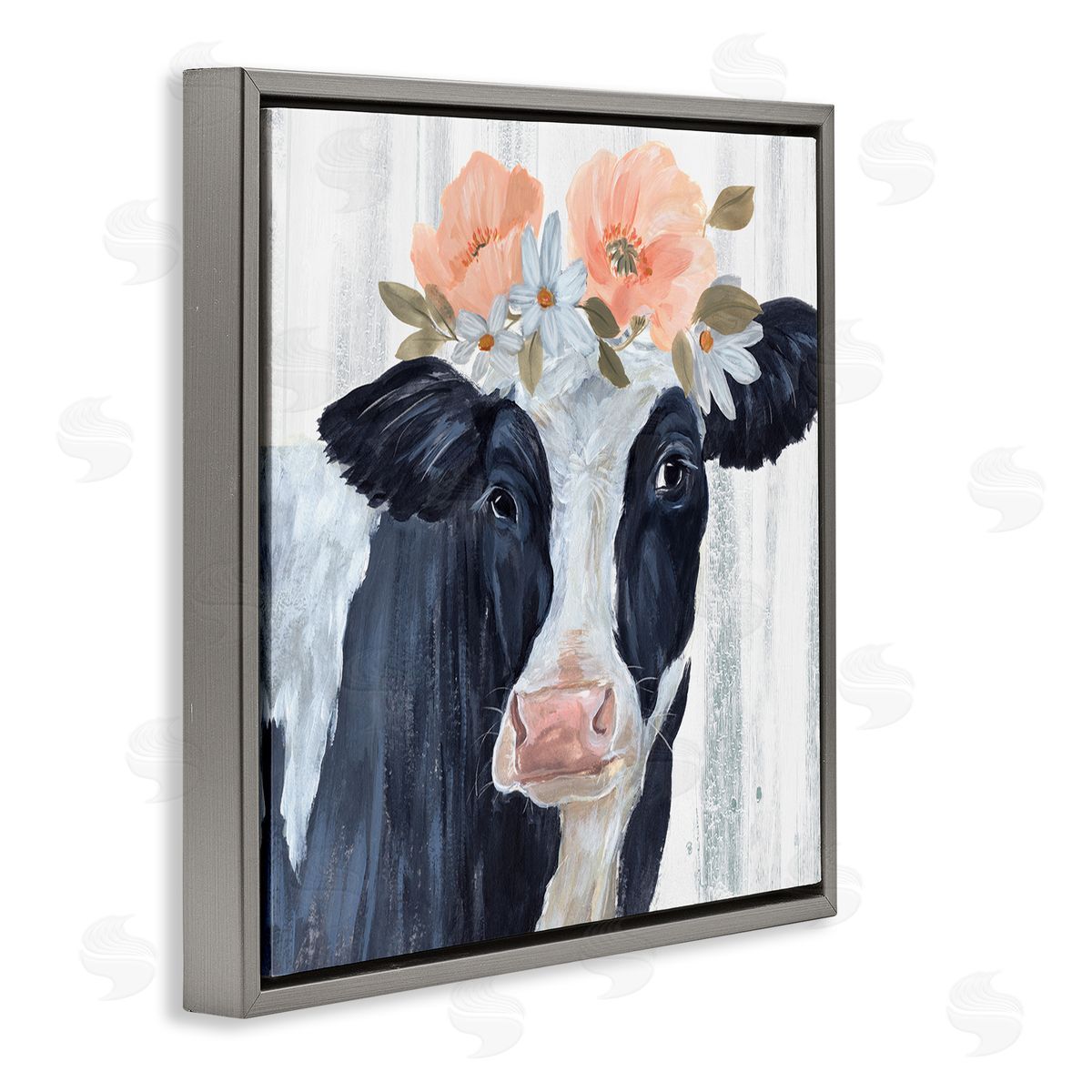 Annie Warren Farm Cow Floral Daisy Blooms Gray Floating Frame Canvas Wall Art Print