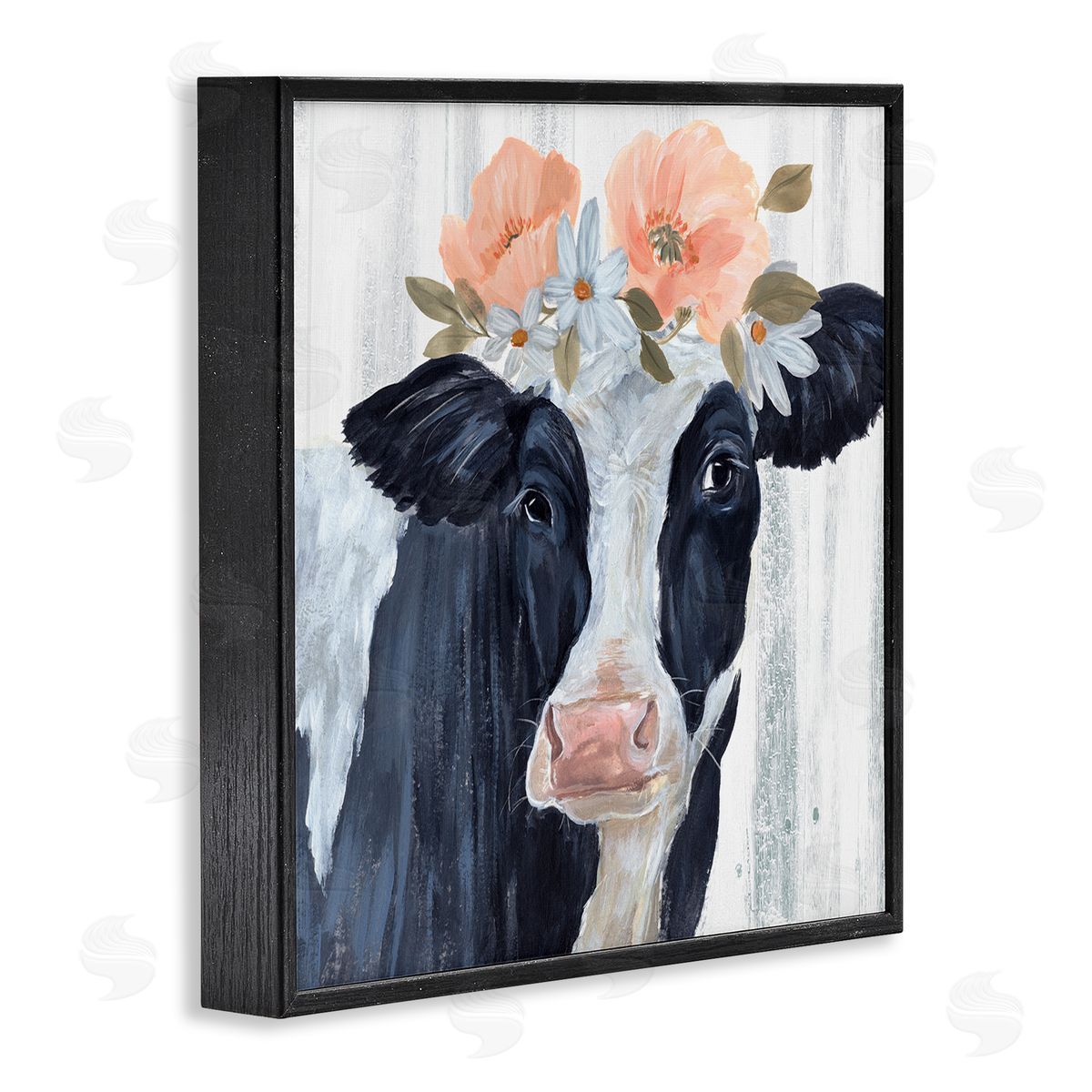 Annie Warren Farm Cow Floral Daisy Blooms Black Framed Glicee Wall Art Print