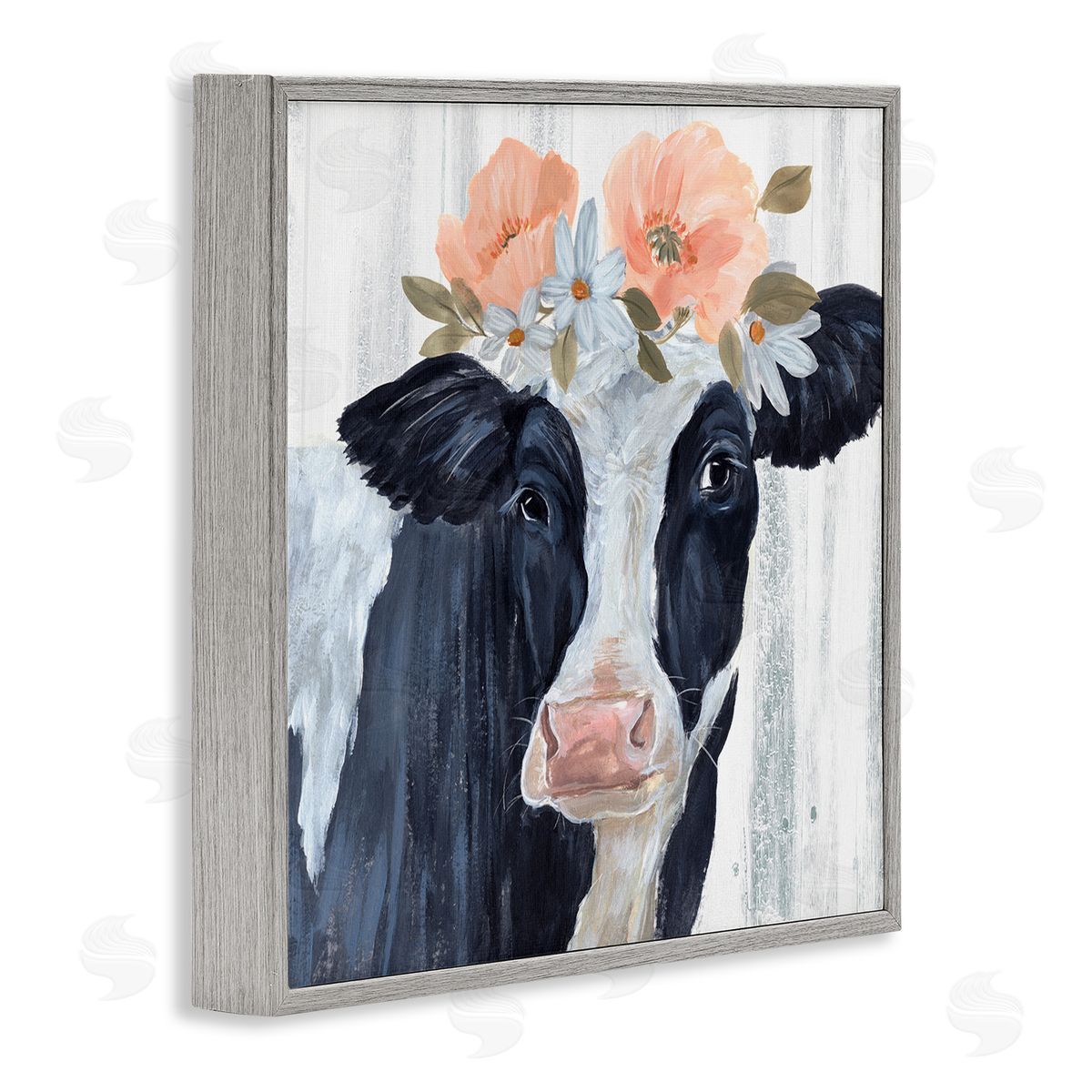 Annie Warren Farm Cow Floral Daisy Blooms Gray Framed Glicee Wall Art Print