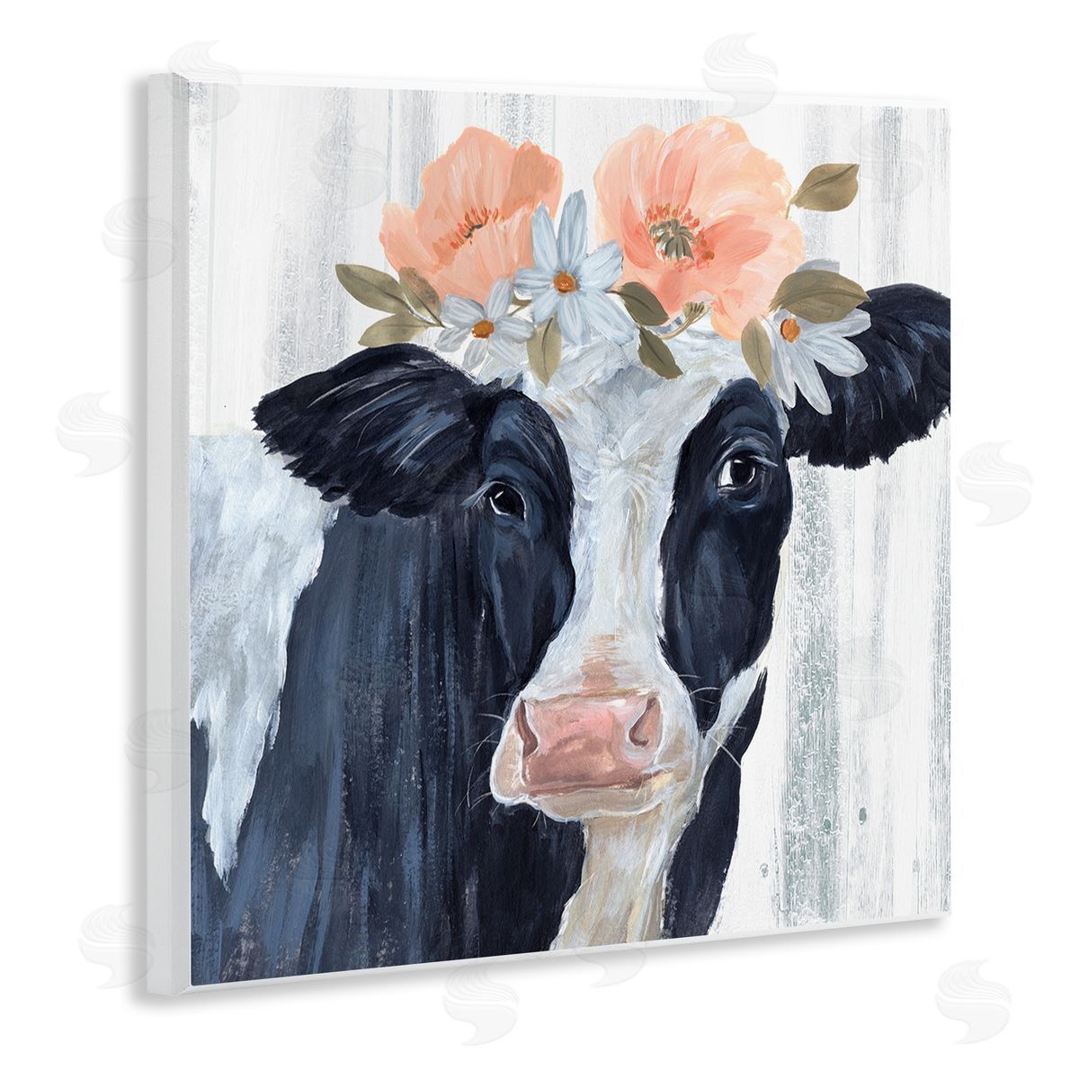 Annie Warren Farm Cow Floral Daisy Blooms Wooden Wall Plaque Art Print