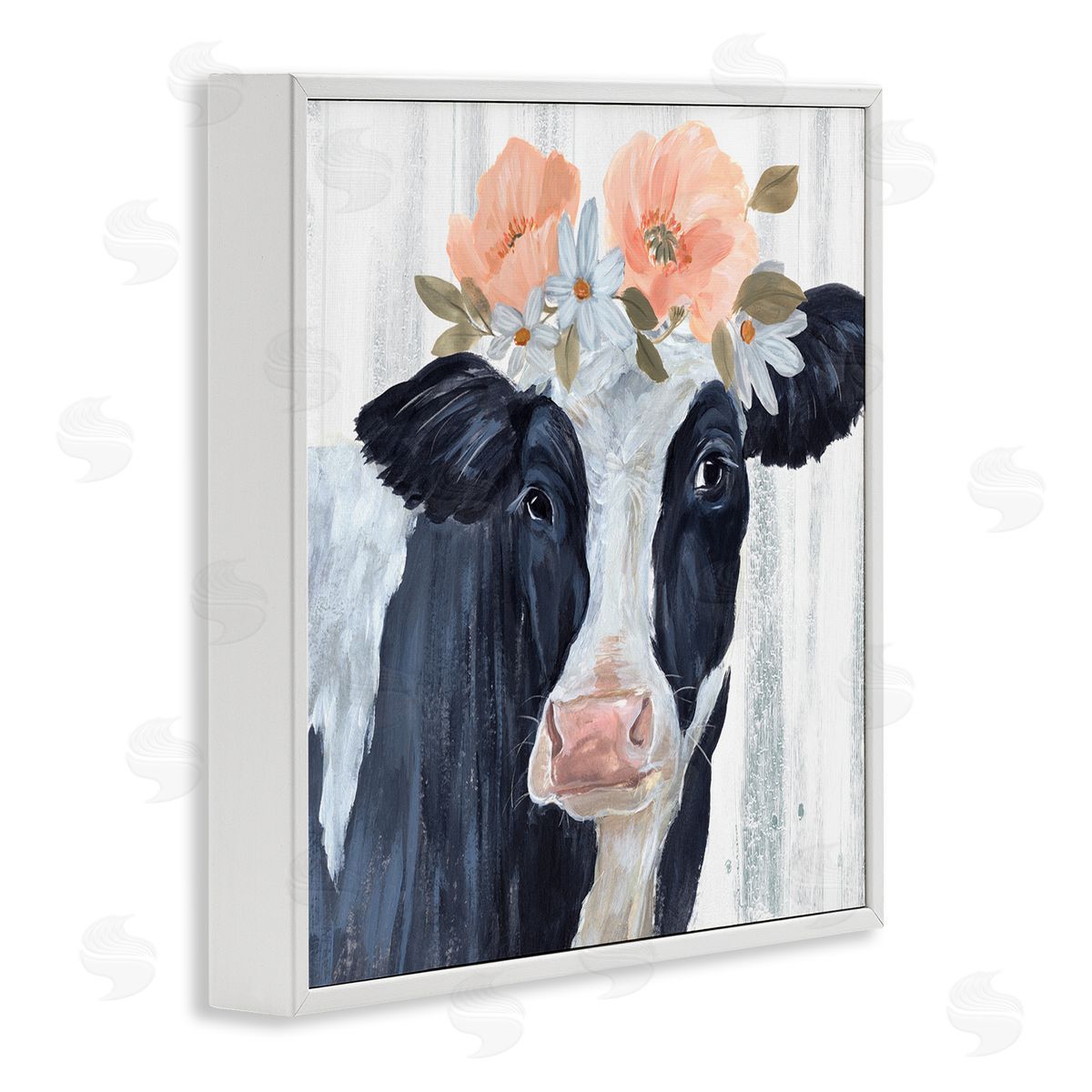 Annie Warren Farm Cow Floral Daisy Blooms White Framed Glicee Wall Art Print