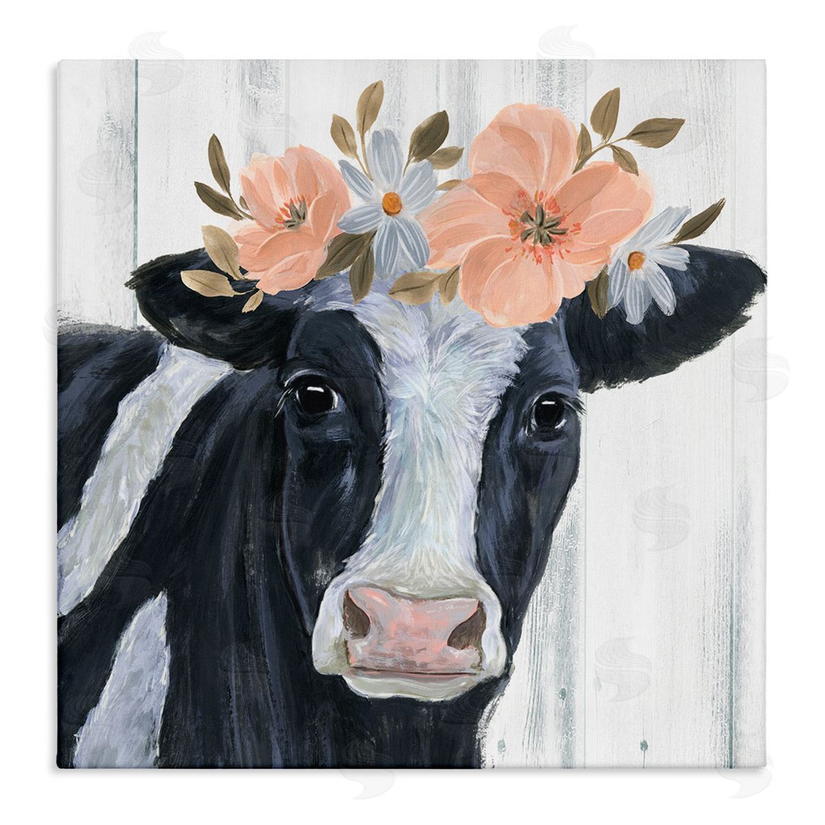 Annie Warren Pink Blossoms Cow Portrait Stretched Canvas Wall Art Print
