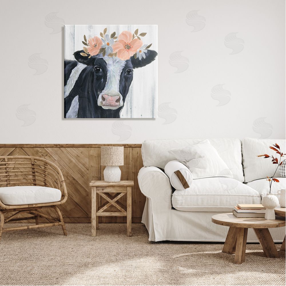 Annie Warren Pink Blossoms Cow Portrait Canvas Wall Art in Room