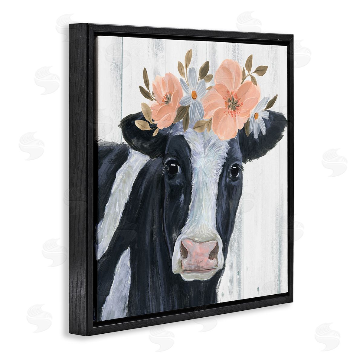 Annie Warren Pink Blossoms Cow Portrait Black Floating Frame Canvas Wall Art Print