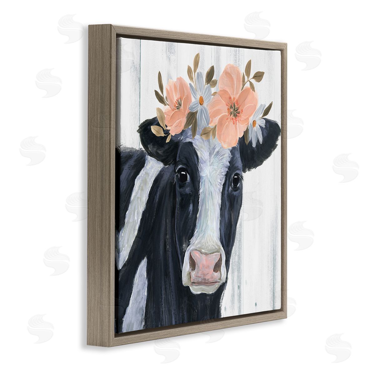 Annie Warren Pink Blossoms Cow Portrait Brown Floating Frame Canvas Wall Art Print