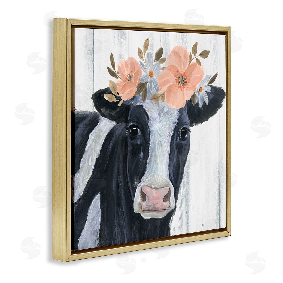 Annie Warren Pink Blossoms Cow Portrait Gold Floating Frame Canvas Wall Art Print