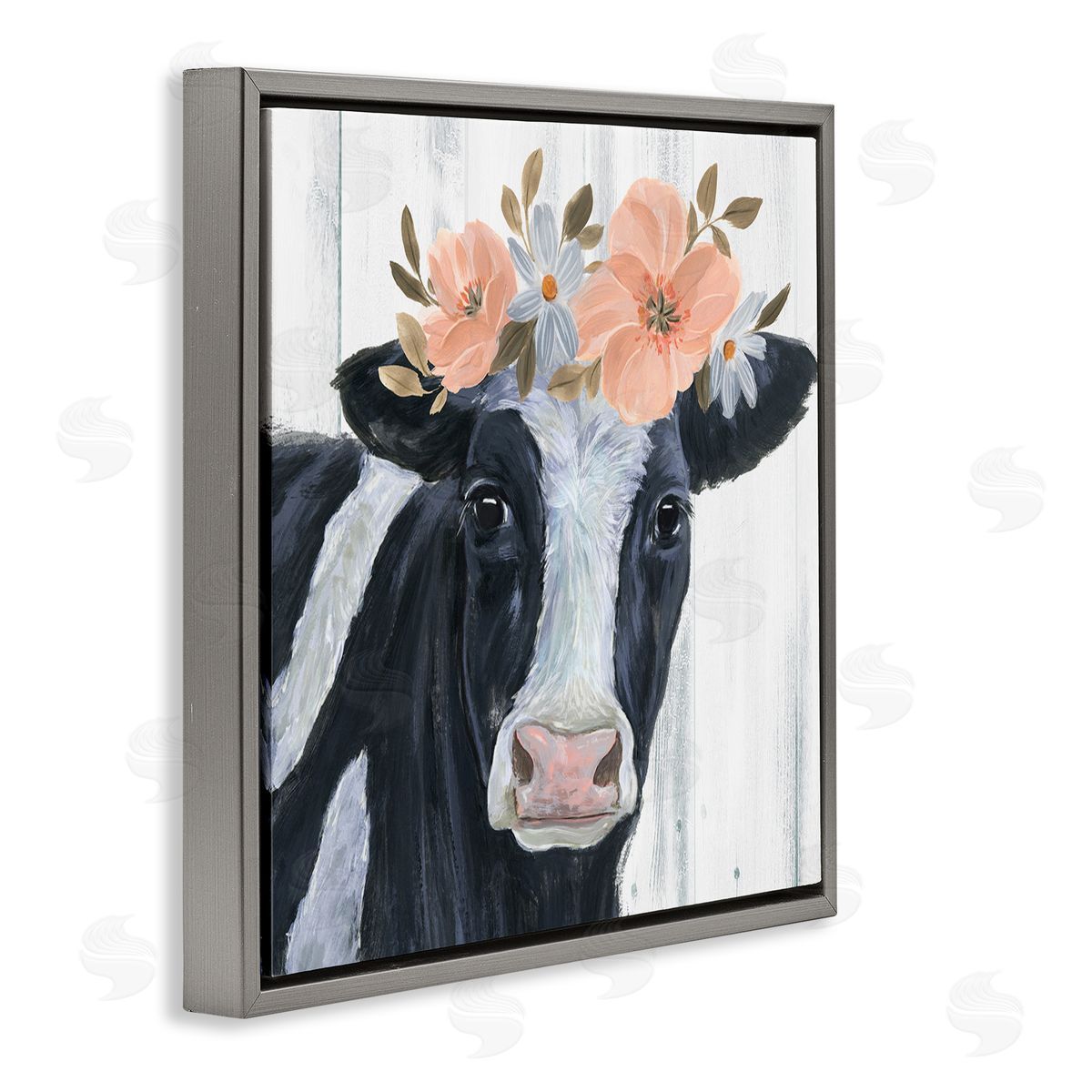 Annie Warren Pink Blossoms Cow Portrait Gray Floating Frame Canvas Wall Art Print