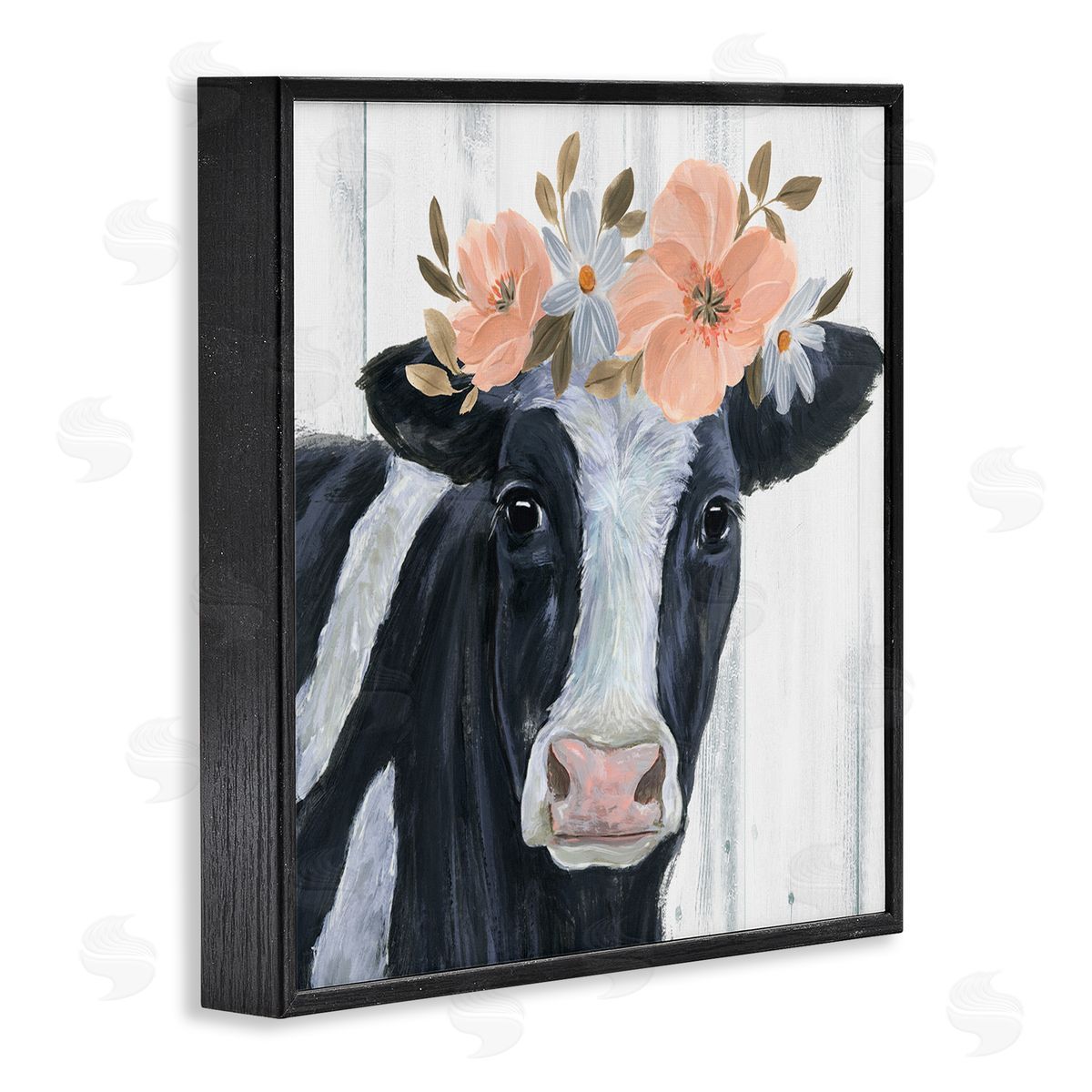 Annie Warren Pink Blossoms Cow Portrait Black Framed Glicee Wall Art Print
