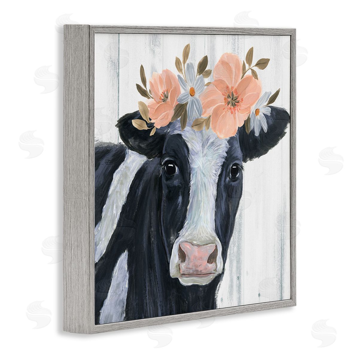 Annie Warren Pink Blossoms Cow Portrait Gray Framed Glicee Wall Art Print
