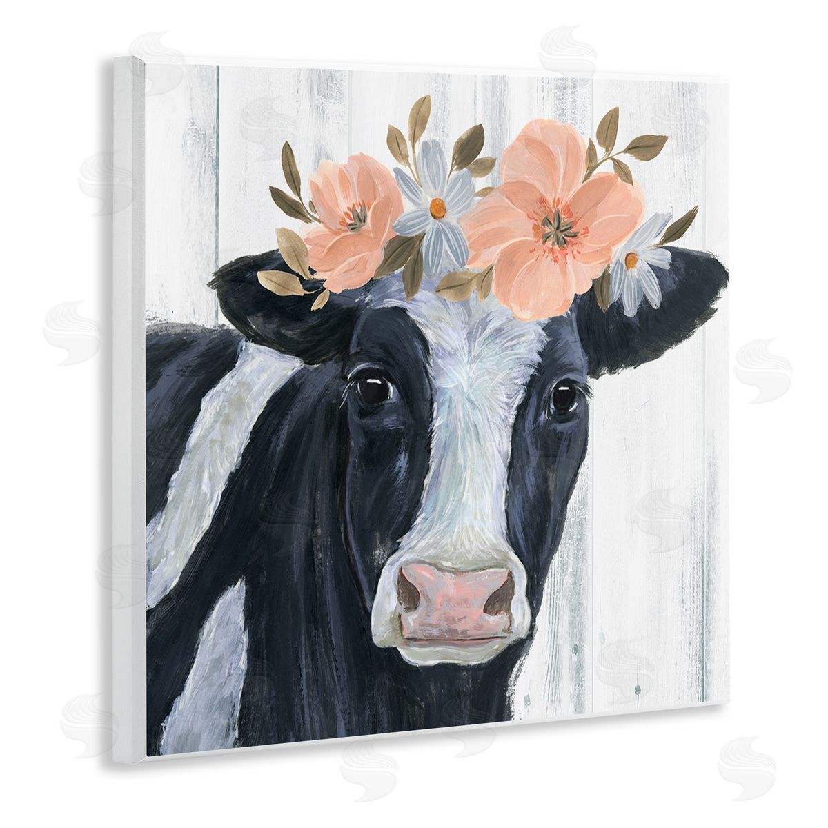 Annie Warren Pink Blossoms Cow Portrait Wooden Wall Plaque Art Print