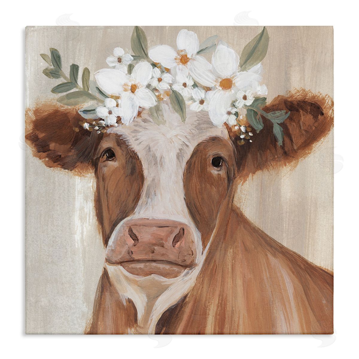 Annie Warren Brown Cattle Floral Bloom Crown Stretched Canvas Wall Art Print