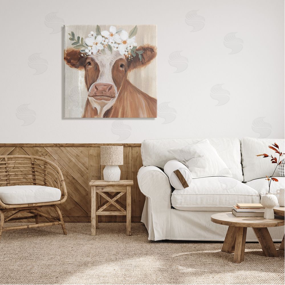 Annie Warren Brown Cattle Floral Bloom Crown Canvas Wall Art in Room