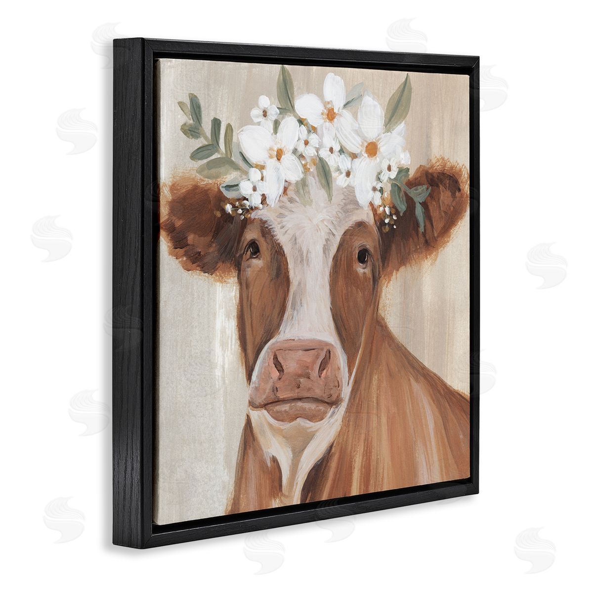 Annie Warren Brown Cattle Floral Bloom Crown Black Floating Frame Canvas Wall Art Print