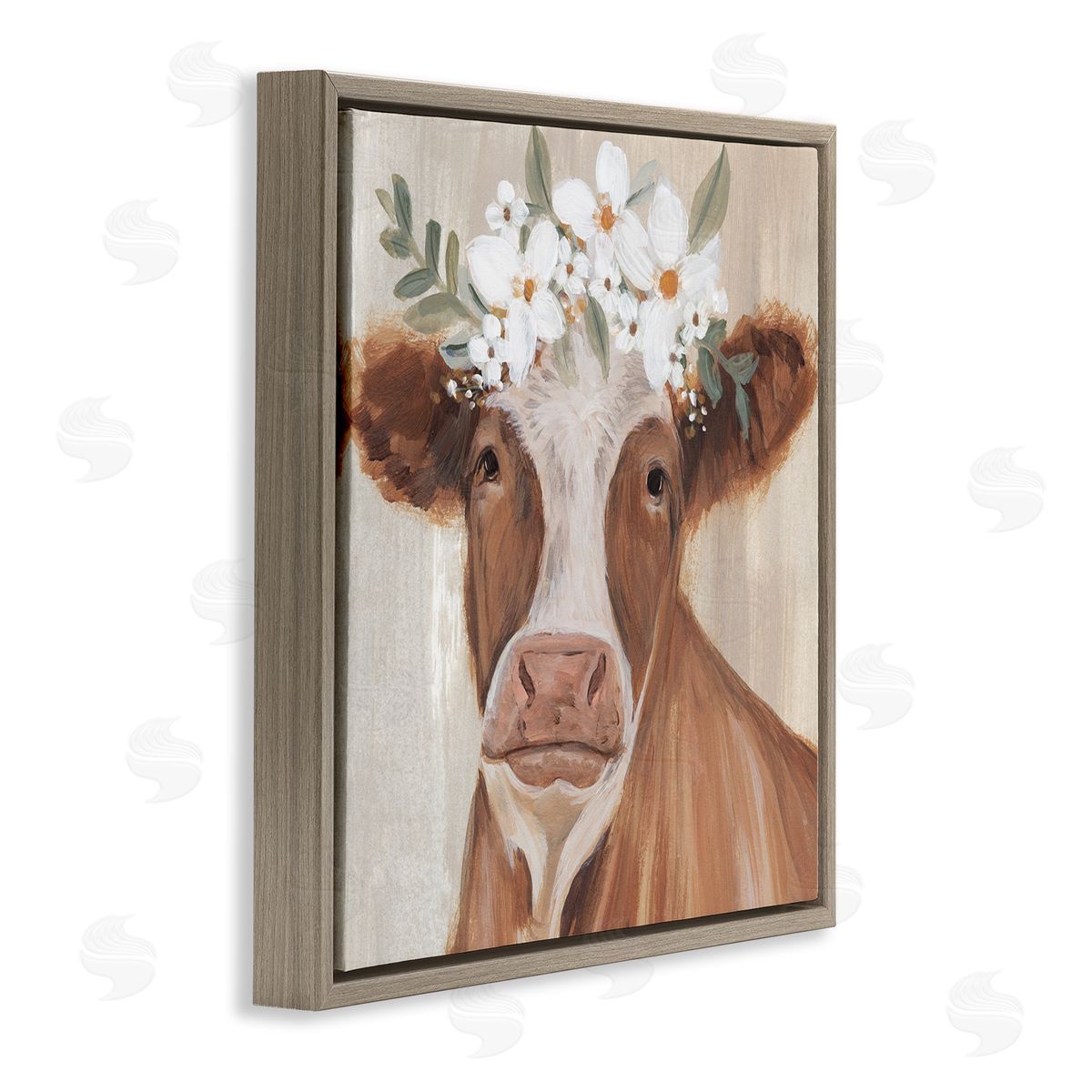 Annie Warren Brown Cattle Floral Bloom Crown Brown Floating Frame Canvas Wall Art Print