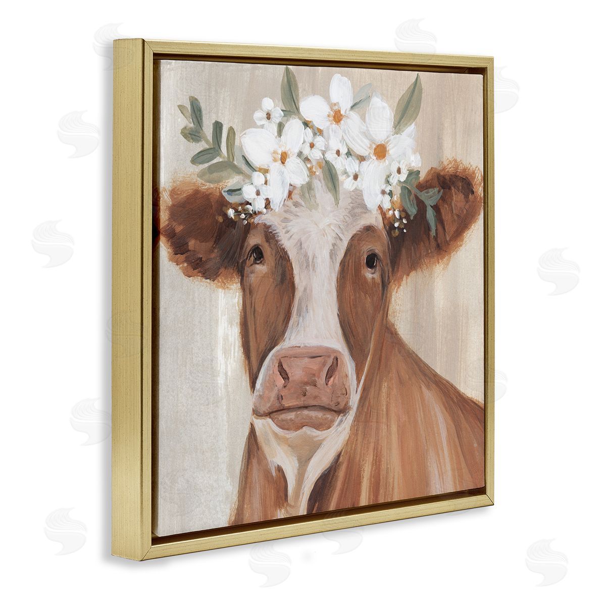 Annie Warren Brown Cattle Floral Bloom Crown Gold Floating Frame Canvas Wall Art Print