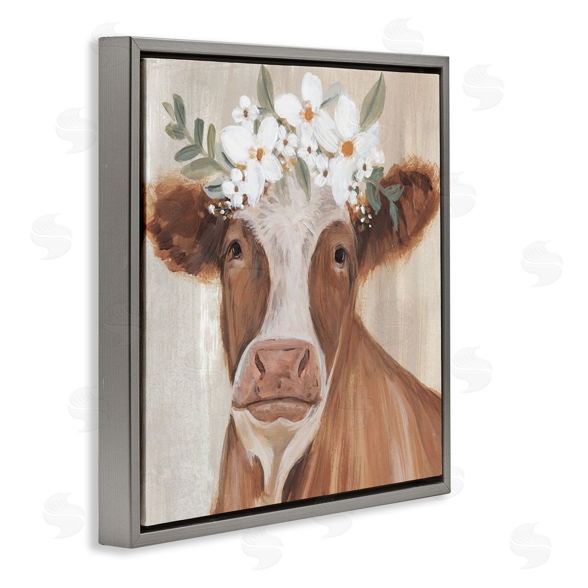 Annie Warren Brown Cattle Floral Bloom Crown Gray Floating Frame Canvas Wall Art Print